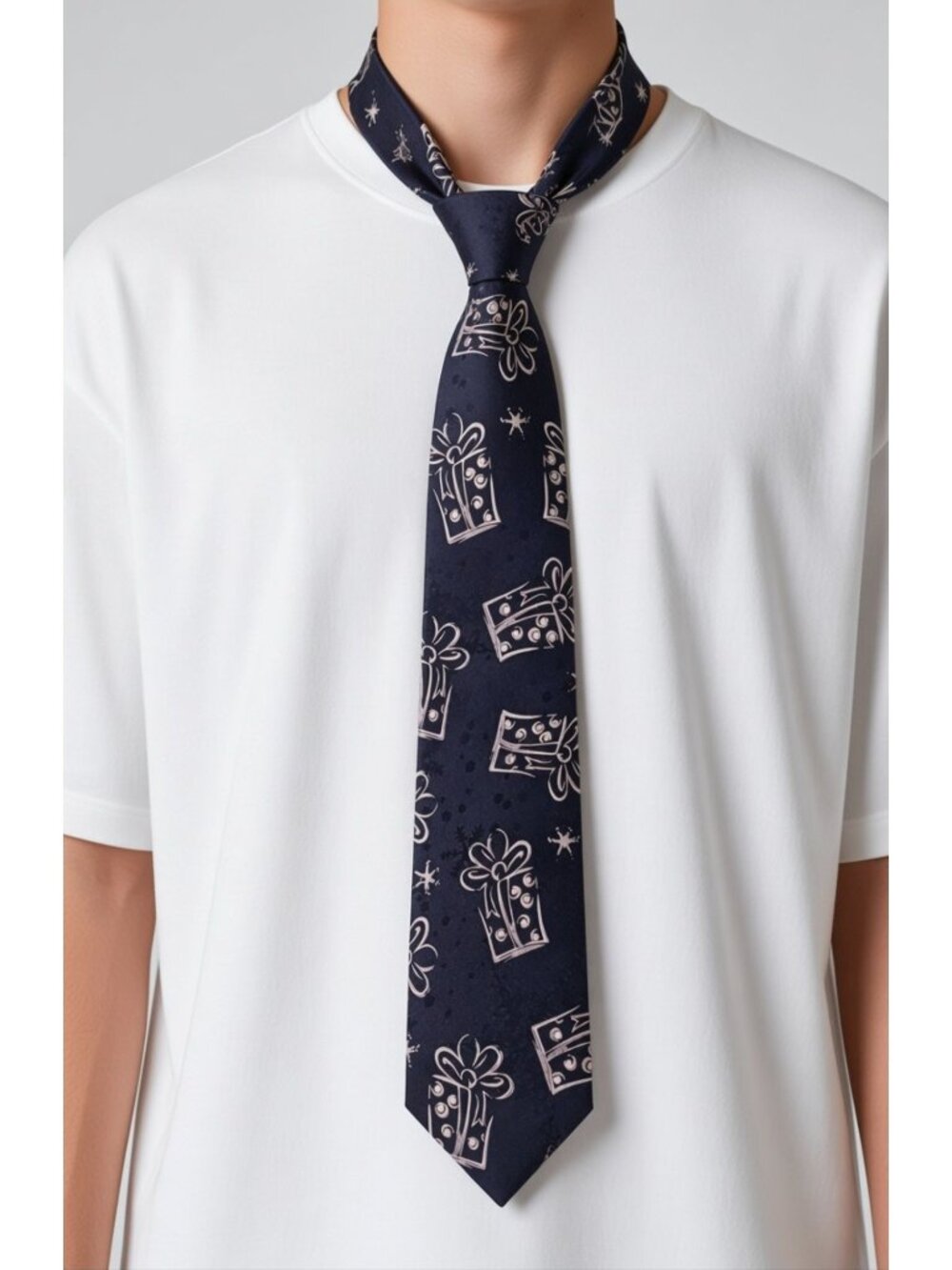 Navy Blue Gift Box Patterned Mens Tie Festive Design